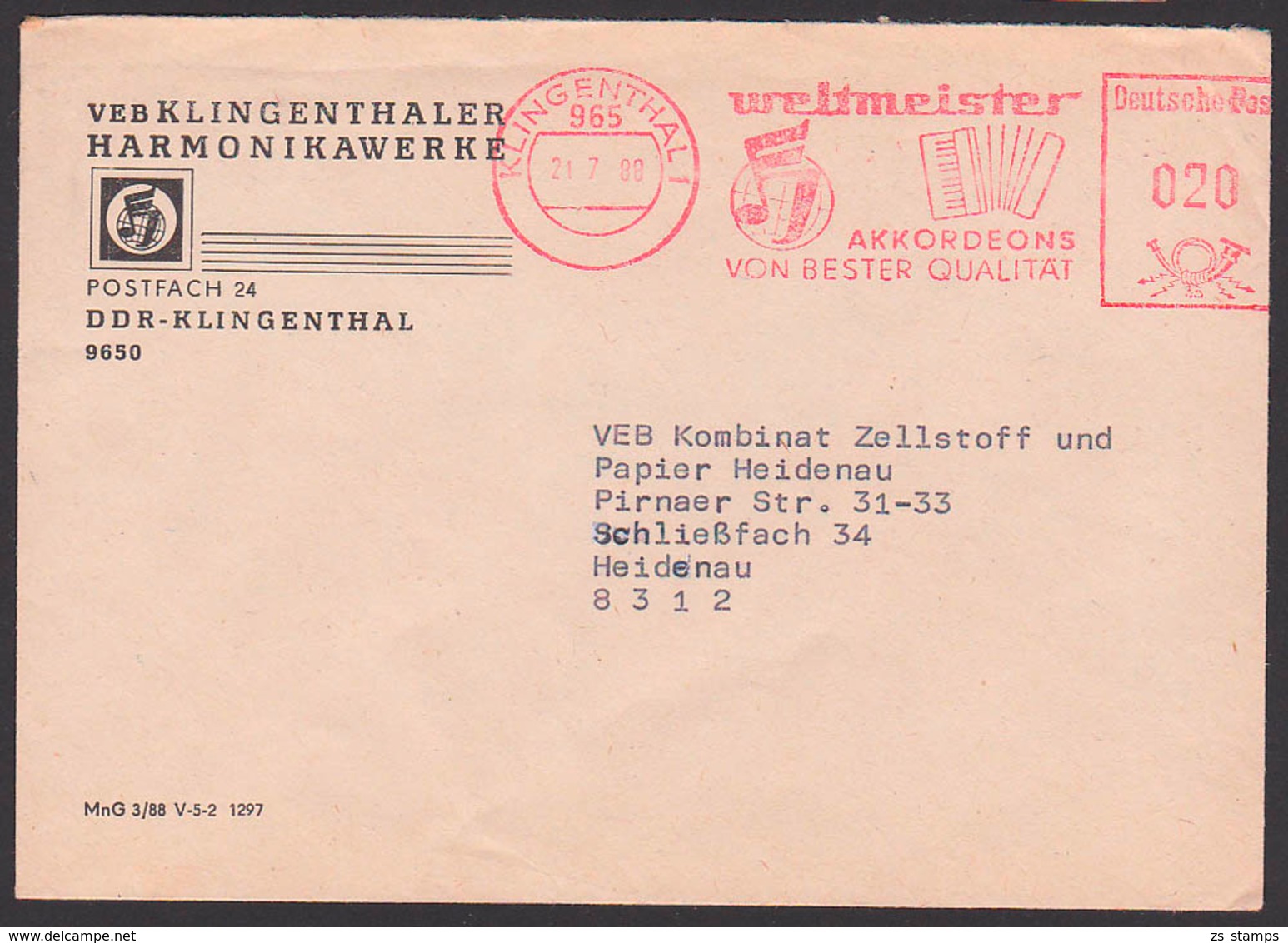 Klingenthal AFS Klingenthaler Harmonikawere, AbbWeltmeister Akkordeon 21.7.88, Musik - Maschinenstempel (EMA)