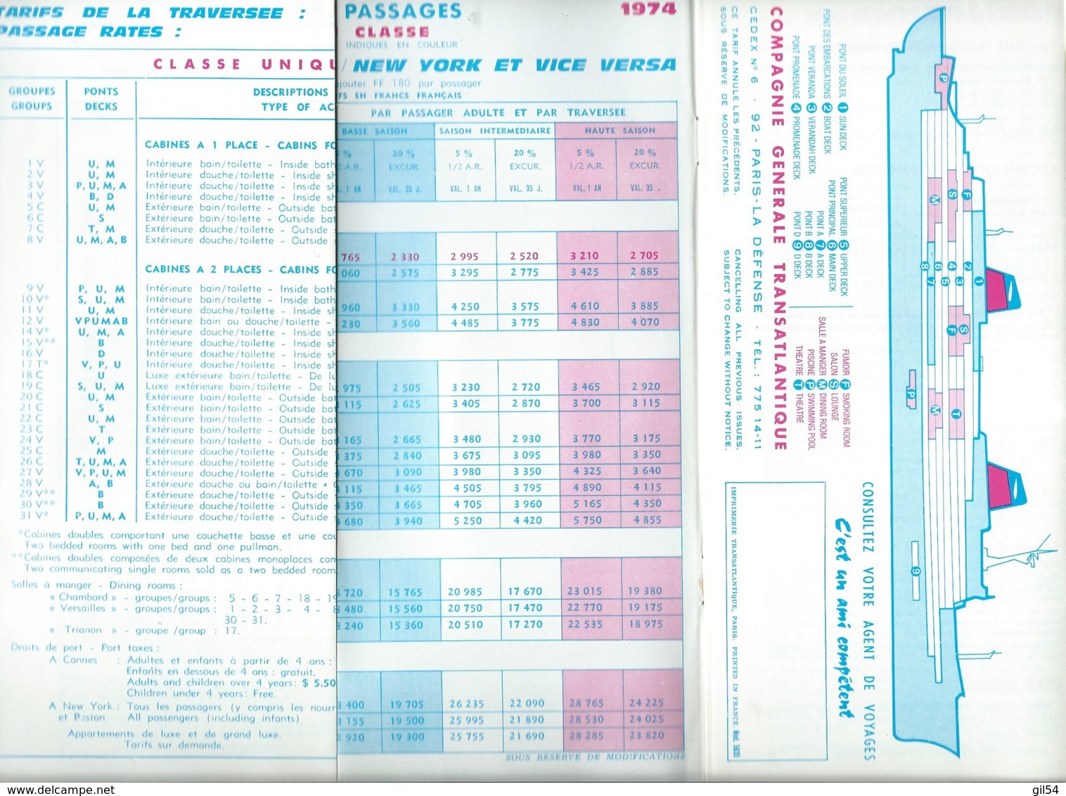 Année  1974 - Dépliant " Paquebot "France " Horaires Et Tarifs , .. Ec T -   Pma82 - Dépliants Touristiques