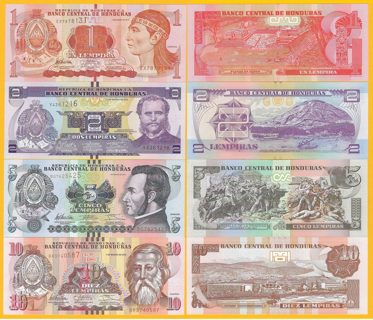 Honduras Set 1, 2, 5, 10 Lempiras 2012-2014 UNC Banknotes - Honduras