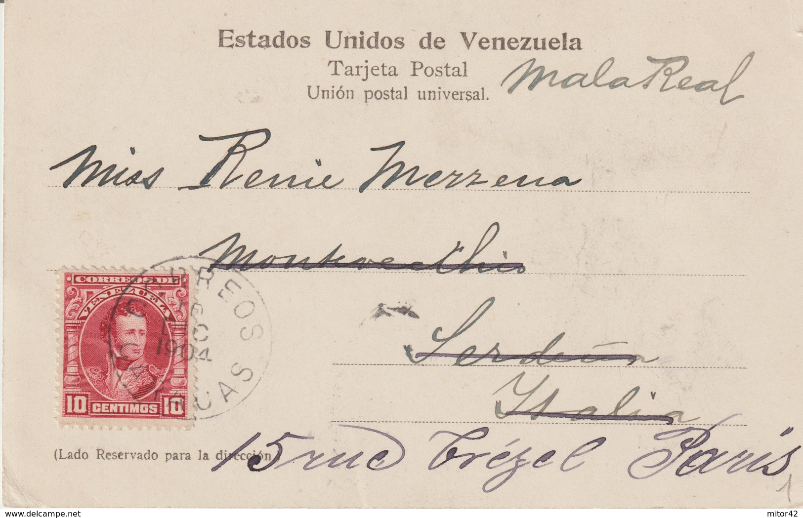 1-Venezuela-v.1904 X Estero: Montevecchio-Sardegna-Italia-dirottata Parigi-Francia-Francobollo 10 Centavos - Venezuela