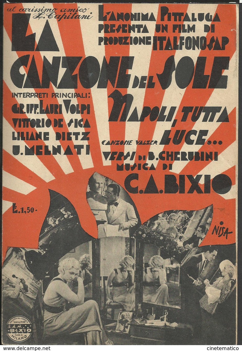 Spartito Musicale "Napoli Tutta Luce" Del Film Del 1933 "La Canzone Del Sole" Con Vittorio De Sica E Lilliane Dietz - Compositeurs De Musique De Film