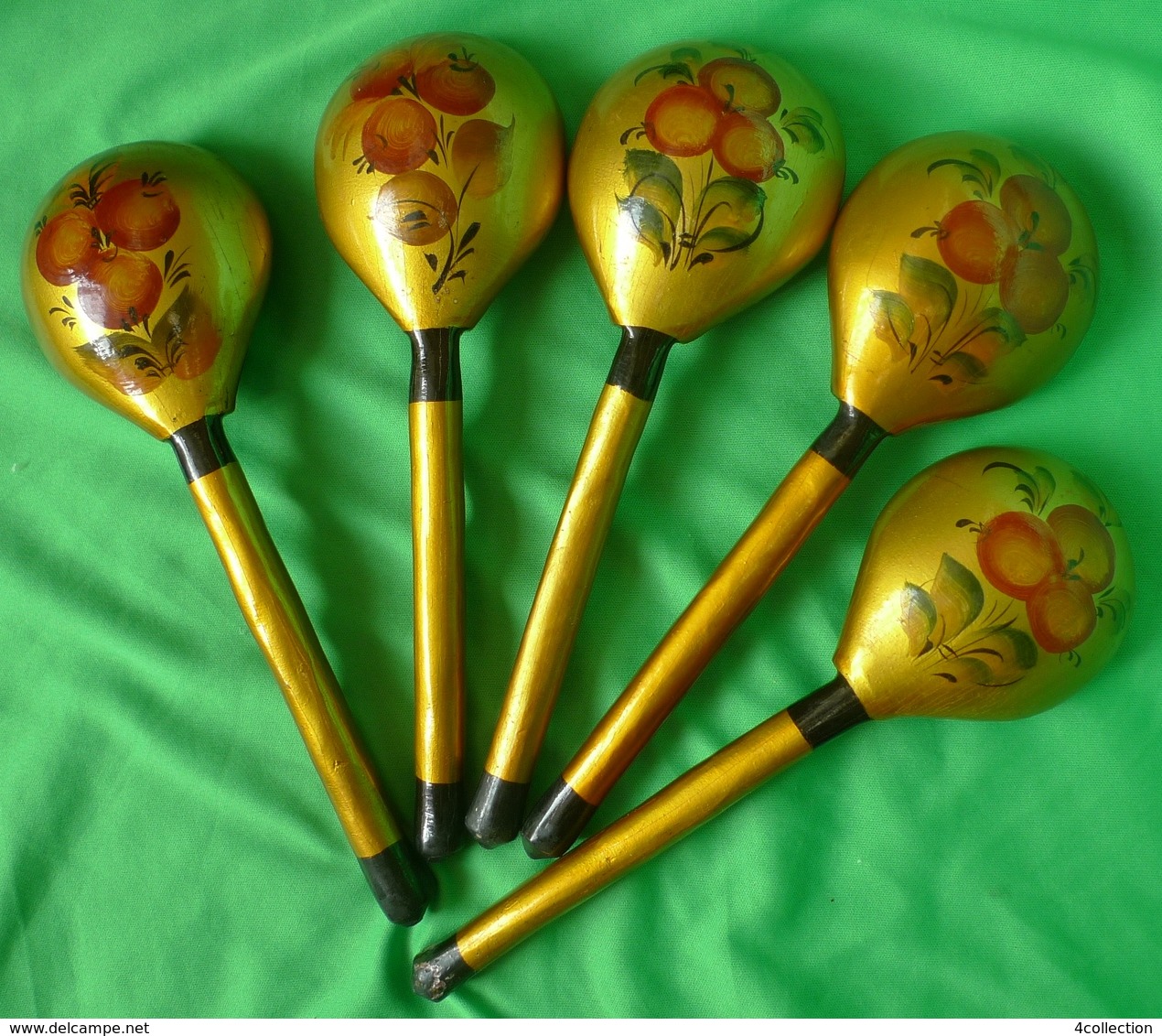 Vintage RUSSIAN Folk Art KHOKHLOMA Hand PAINTED Wooden Spoon 5psc Soviet Cutlery - Spoons