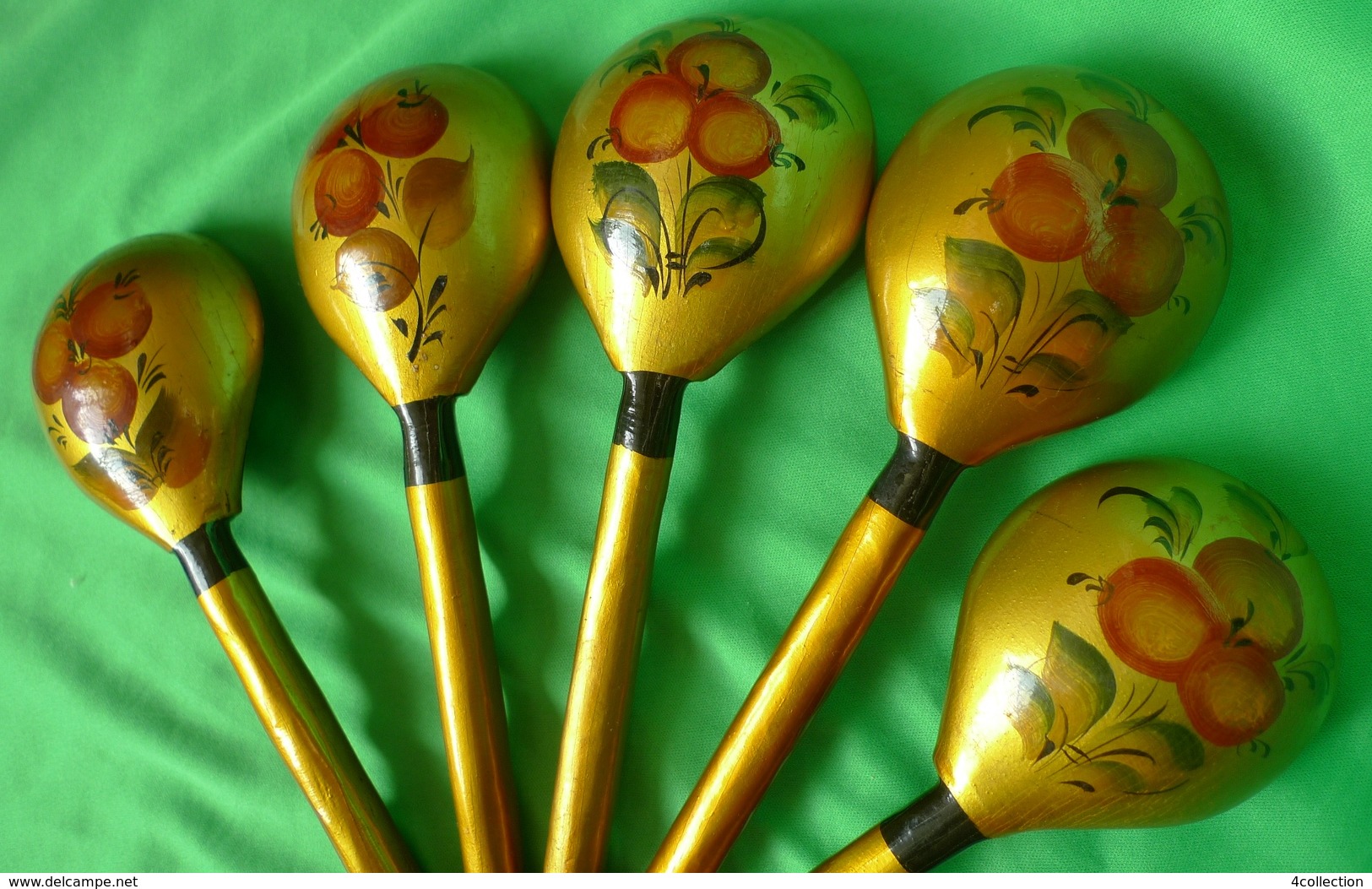 Vintage RUSSIAN Folk Art KHOKHLOMA Hand PAINTED Wooden Spoon 5psc Soviet Cutlery - Lepels