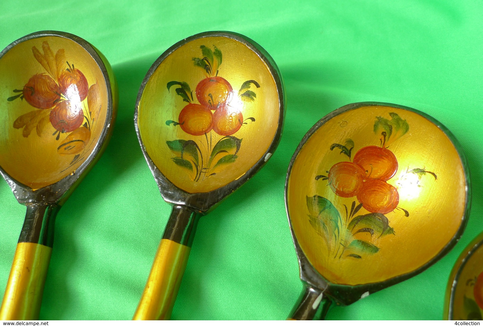 Vintage RUSSIAN Folk Art KHOKHLOMA Hand PAINTED Wooden Spoon 5psc Soviet Cutlery - Cuillers