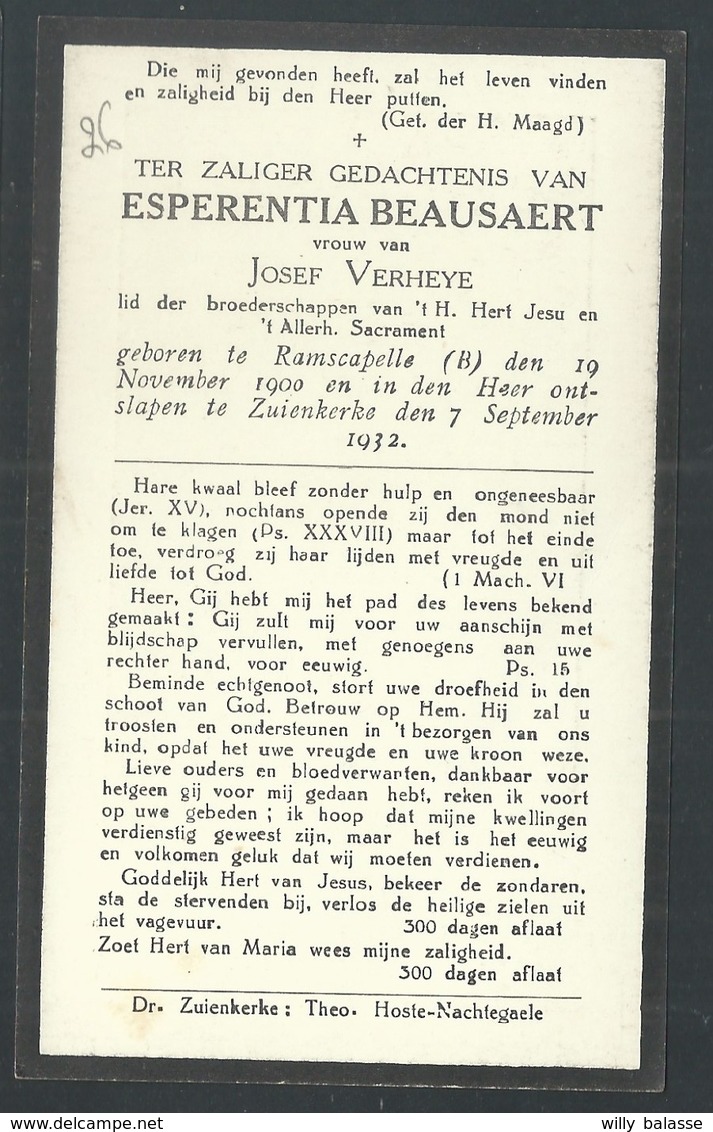 +++ Image Mortuaire Religieuse - Décès - Souvenir Pieux - BEAUSAERT - RAMSCAPELLE 1900 - ZUYNKERKE 1932   // - Todesanzeige