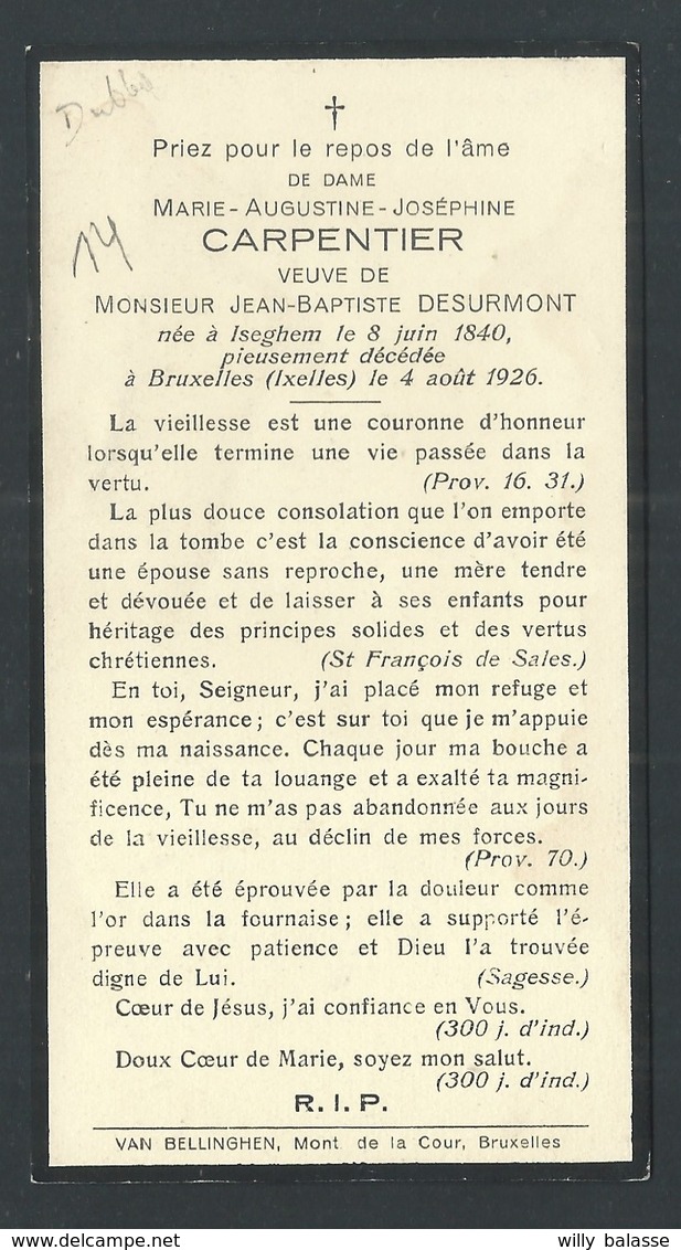 +++ Image Mortuaire Religieuse  Pieuse - Décès - CARPENTIER - ISEGHEM 1840 - IXELLES 1926 // - Overlijden