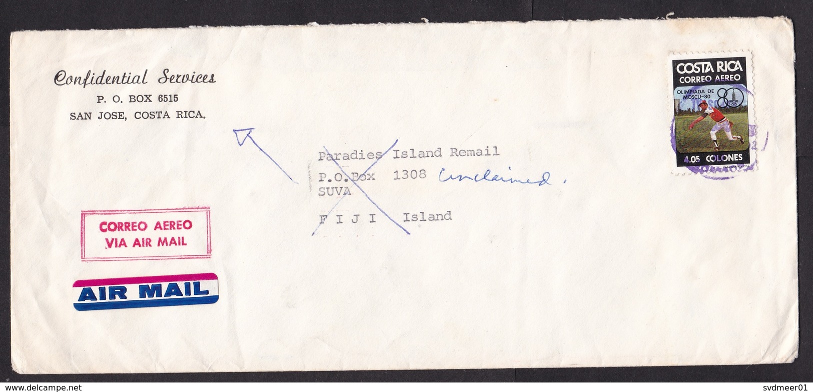 Costa Rica: Airmail Cover To Fiji, 1983, 1 Stamp, Olympics Moscow 1980, Baseball, Returned, Retour, Label (minor Damage) - Costa Rica
