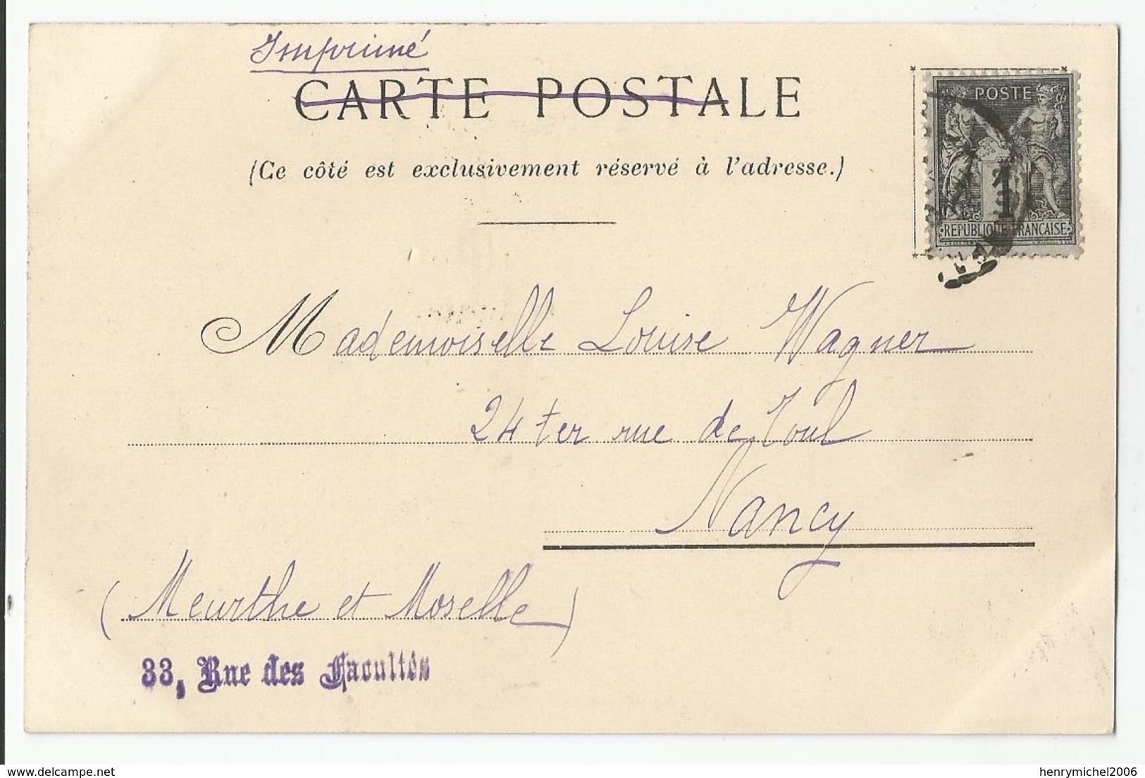 33 Bordeaux Cachet Francine Charron 33 Rue Des Facultés , 1899 - 1877-1920: Semi-Moderne