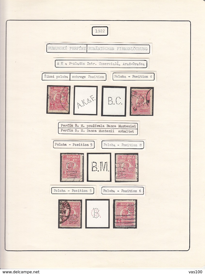 PERFINS, KING FERDINAND STAMPS, 1922, ROMANIA - Perfins