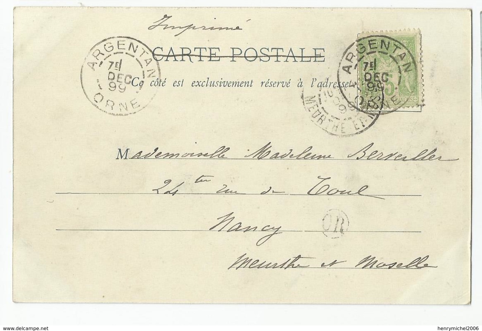 61 Orne Argentan  Cachet 1899 - 1877-1920: Semi Modern Period