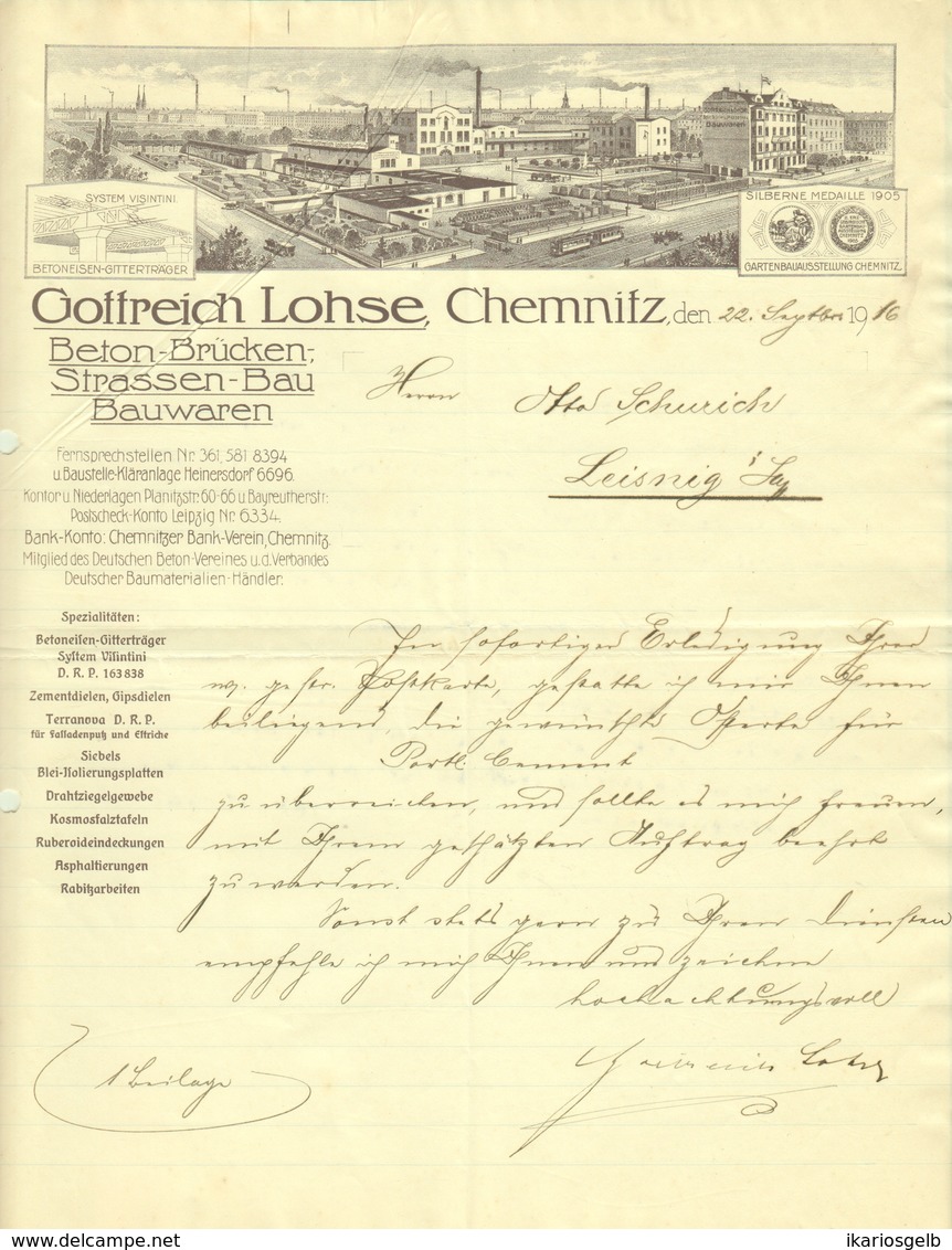 CHEMNITZ Sachsen Rechnung 1916 Deko " Gottreich LOHSE - Betonbrücken Strassenbau Bauwaren " - Transports