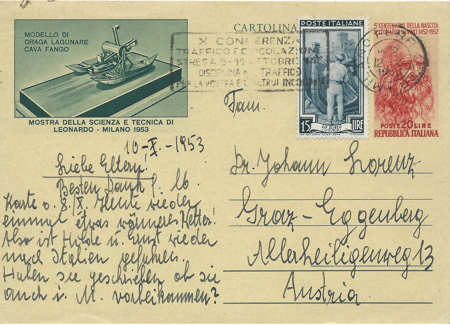 1953 - SERIE LEONARDO DA VINCI - CARTOLINA POSTALE VIAGGIATA ALL'ESTERO - - Interi Postali