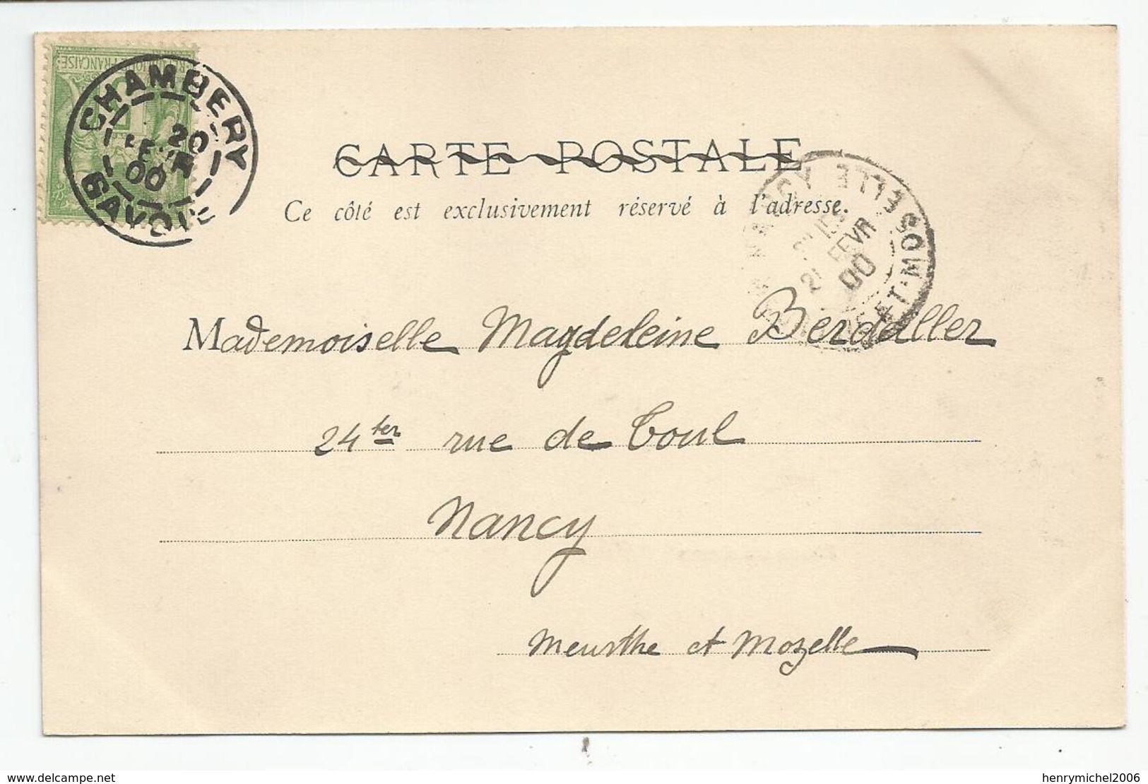 Cachet Chambéry 1900 73 Savoie Pour Nancy - 1877-1920: Semi Modern Period