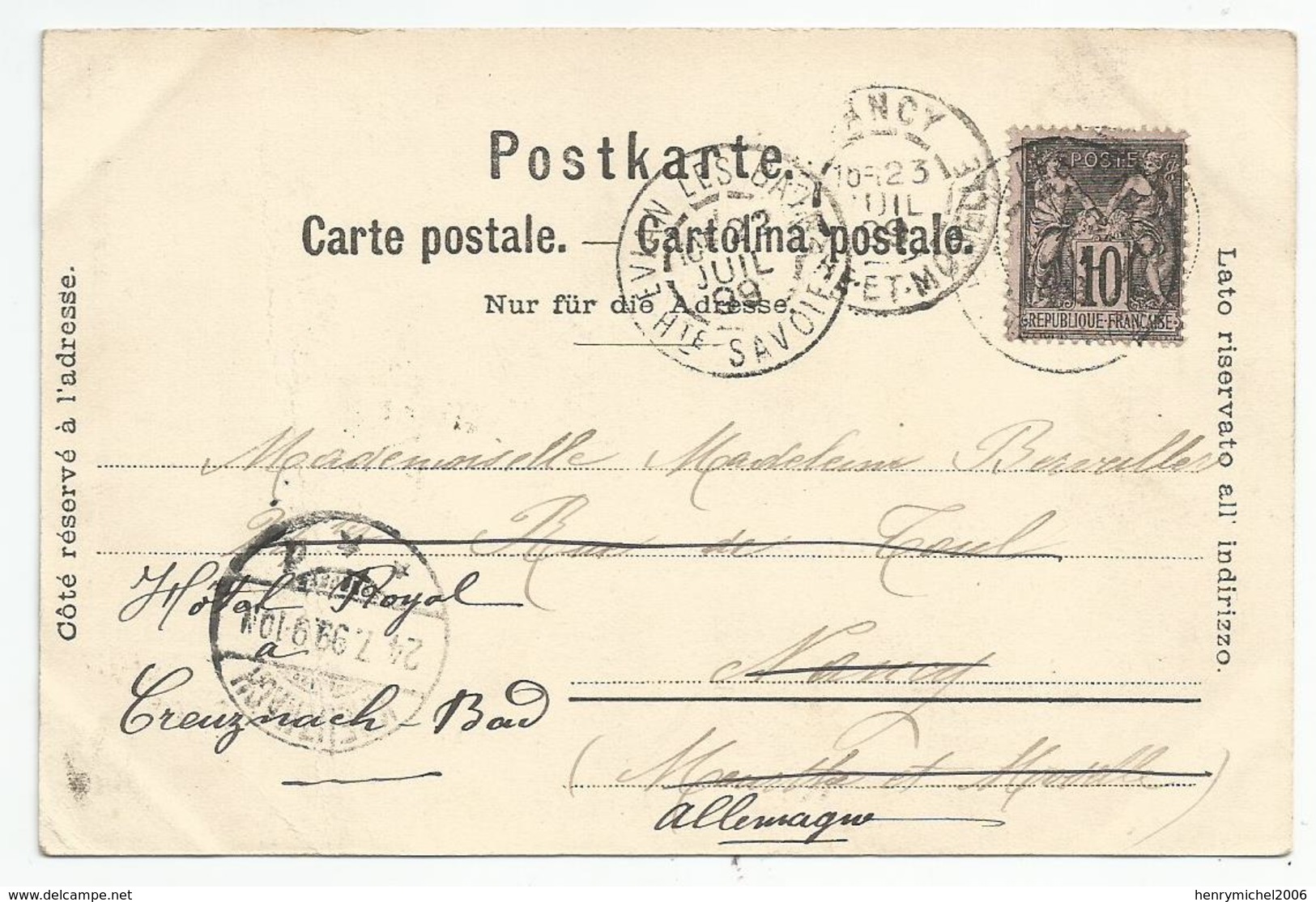 Cachet évian Les Bains 1899 74 Haute Savoie Pour Nancy Réexpédiée Pour Allemagne - 1877-1920: Semi-Moderne