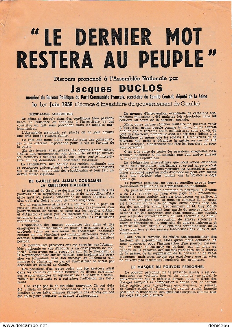 1958 - Première Investiture Du Gouvernement De GAULLE - TRACT COMMUNISTE - DISCOURS De Jacques DUCLOS à - Documents Historiques