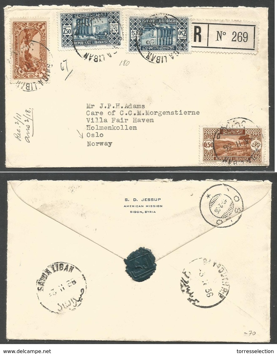 LEBANON. 1936 (3 Feb) Saida - Norway, Oslo (18 Feb) Registered Multifkd Envelope. 19 Piater 50c Rate. Very Rare Destinat - Liban