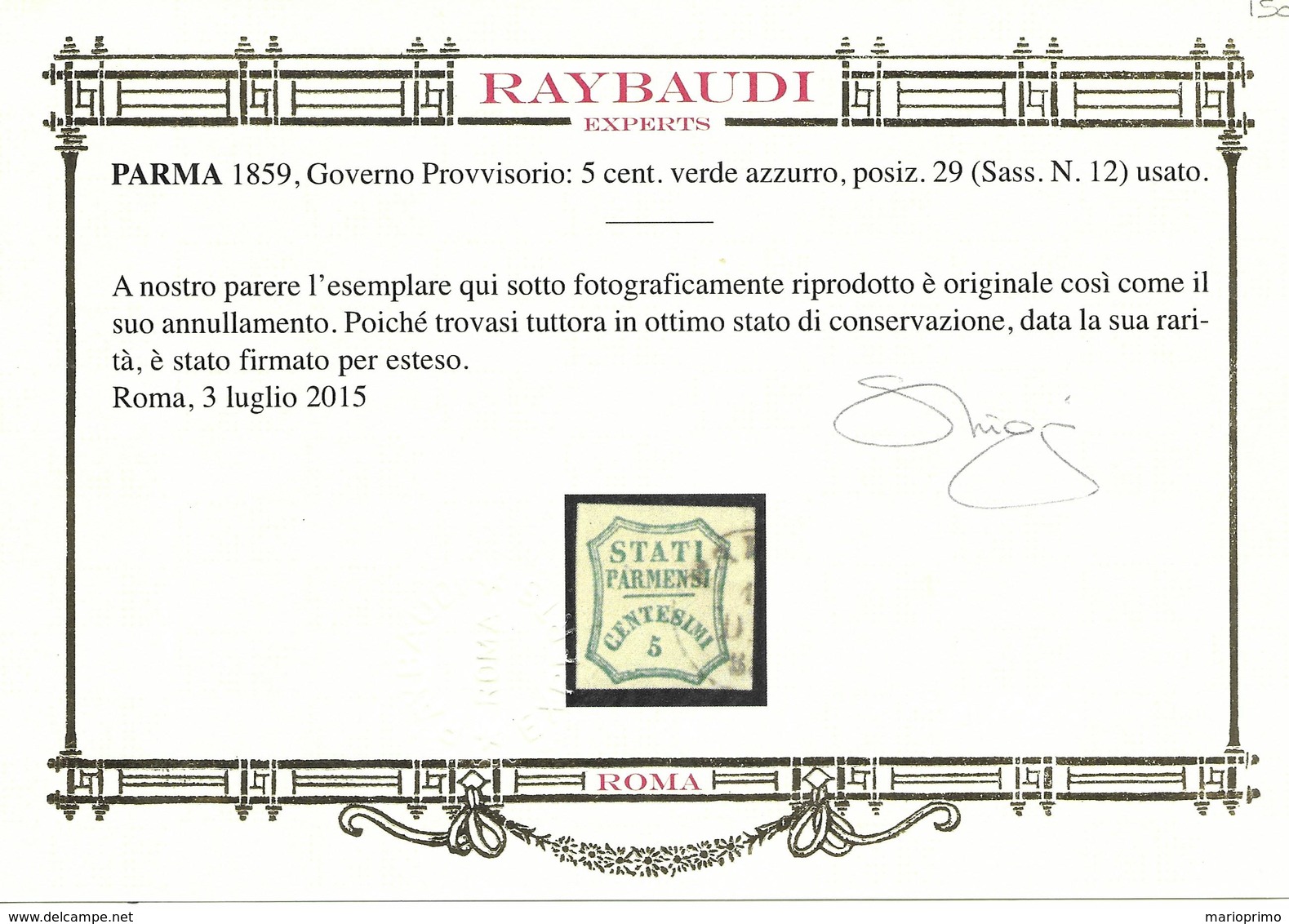 Parma Governo Provvisorio 5 C. Verde Azzurro Posizione 29 Usato (Certificato Raybaudi) Sassone N.12 - Parma