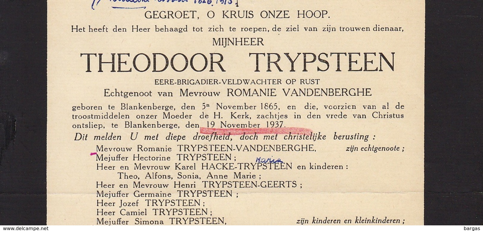 Faire Part De Décès Theodoor Trypsteen Blankenberge - Overlijden