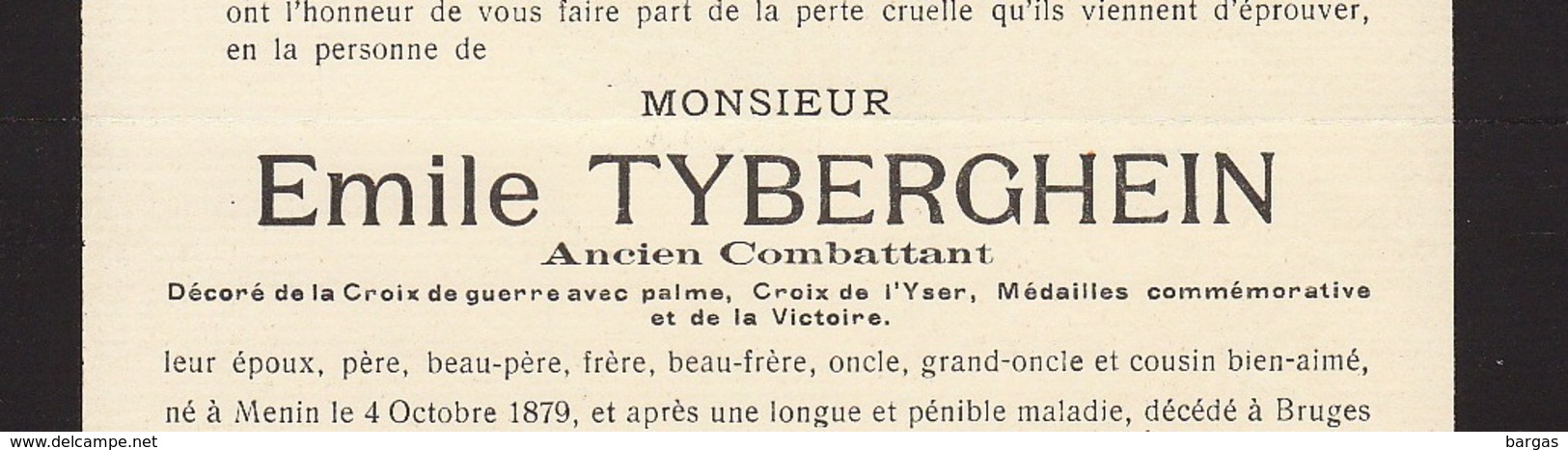 Faire Part De Décès Emile Tyberghien Ancien Combattant Menin Bruges - Obituary Notices
