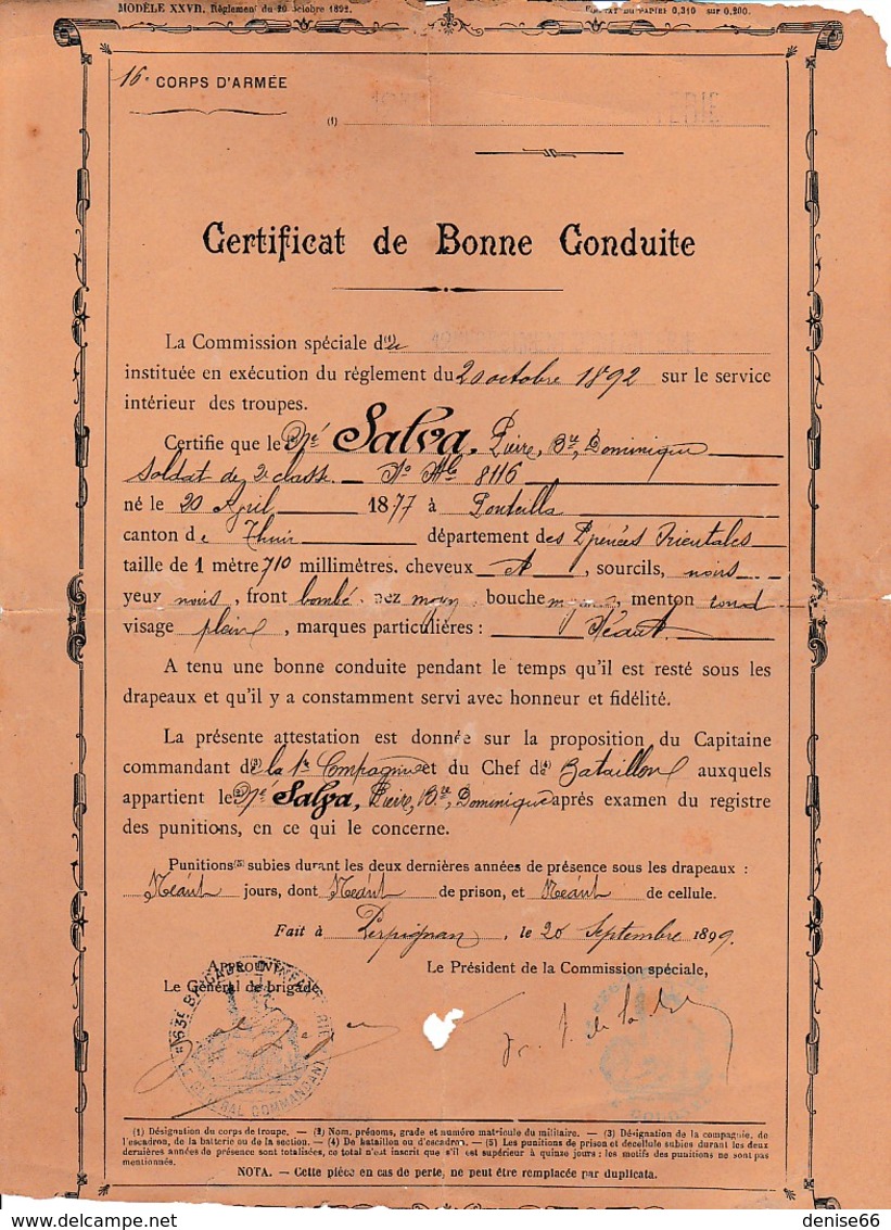 1899 - 12° Régiment D’Infanterie - CERTIFICAT De BONNE CONDUITE Pour Pierre SALVA Né à PONTEILLA (66) - Historical Documents