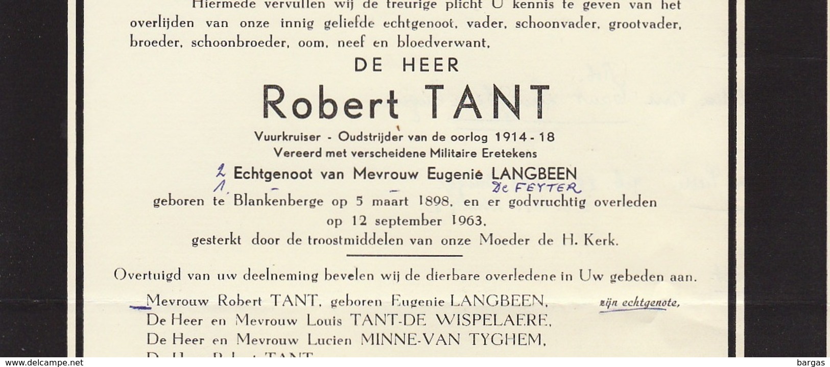 Faire Part De Décès Robert Tant Ancien Combattant Langbeen Blankenberge - Annotations Généalogiques Au Dos - Overlijden