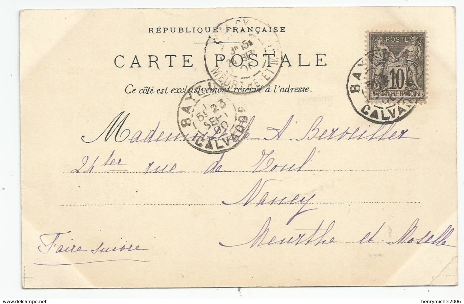 Cachet 1900 Bayeux 14 Calvados Pour Nancy Carte Dieppe Vues Du Réseau De L'ouest - 1877-1920: Semi-moderne Periode