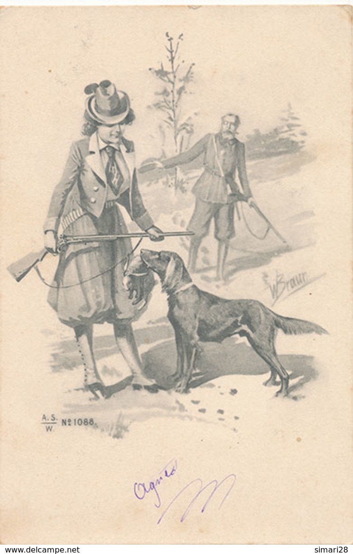 CHASSEUSE ET CHASSEUR AVEC CHIEN - N° 1088 (DESSIN DE W BRAUN) - Braun, W.