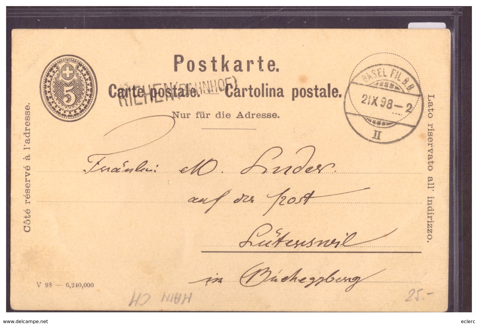 ENTIER POSTAL PEINT A LA MAIN - GANZSACHE - A LA FRONTIERE A BÂLE - CACHET LINEAIRE: RIEHEN BAHNHOF - TB - Basel