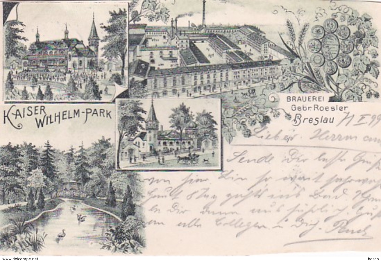 4812503Breslau, Brauerei Gebr.  Roesler – Kaiser Wilhel-Park. - 1899. (kanten Abgeschnitten) - Schlesien