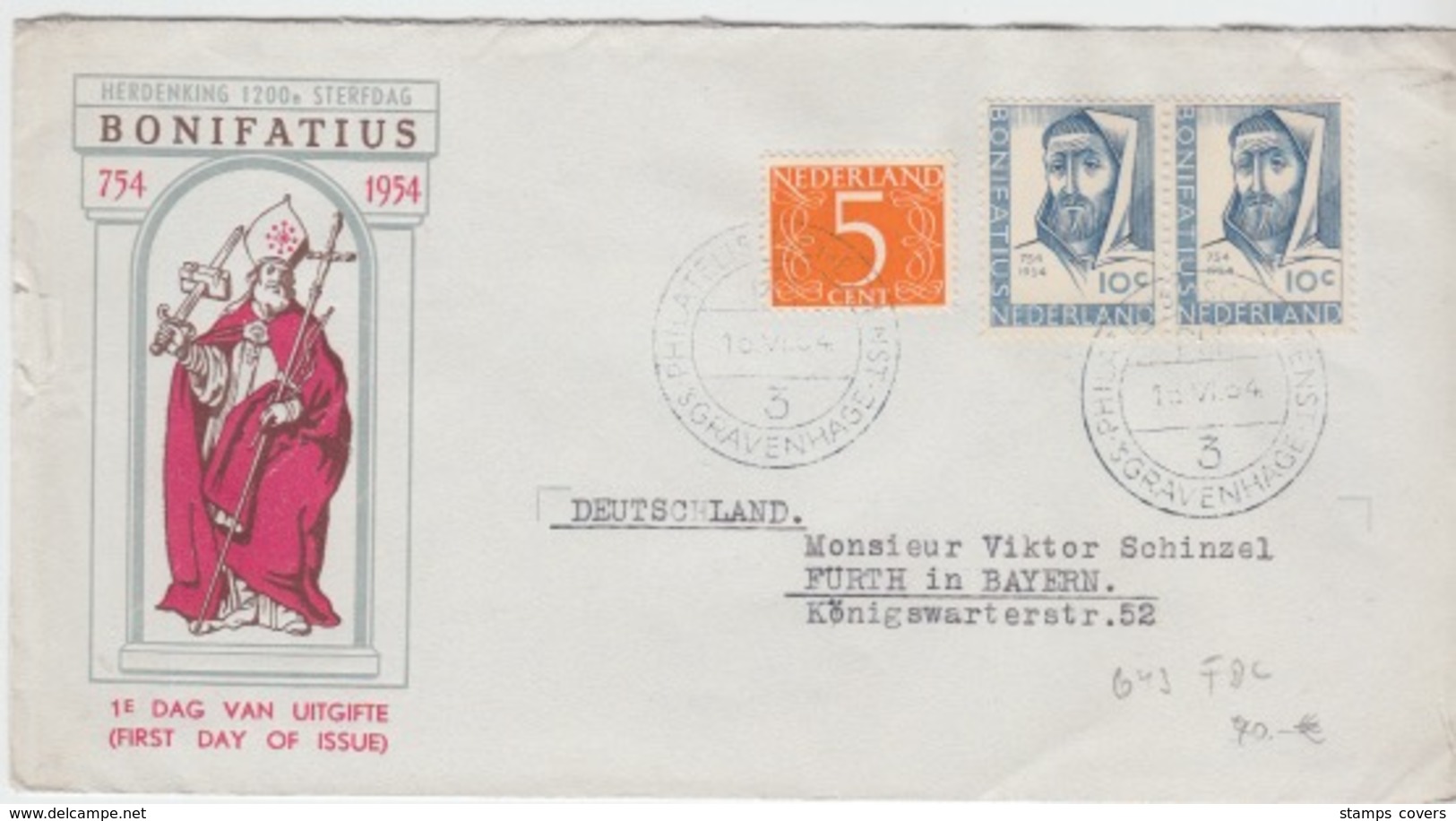 NEDERLAND FDC MICHEL 643 E 17 BONIFATIUS - FDC