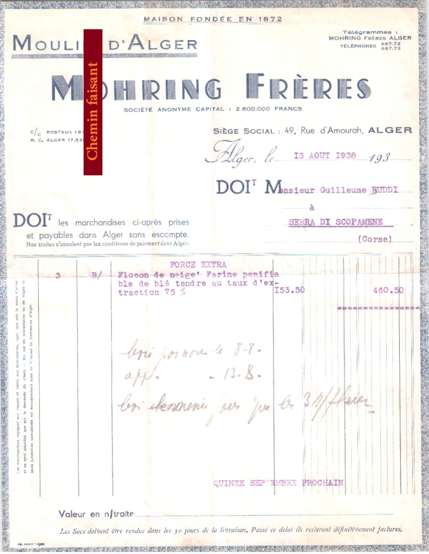 Document Du 13/08/1938 MOHRING Frères Moulin D'Alger Algérie - Autres & Non Classés