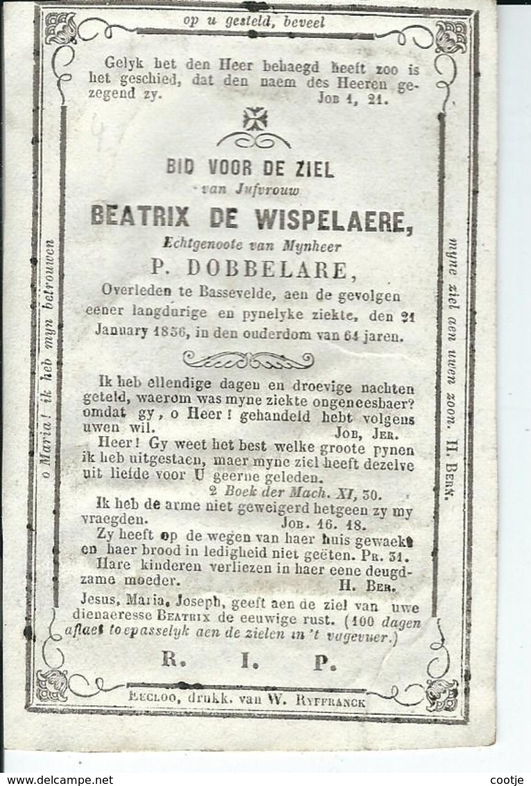 Beatrix De Wispelaere  Echt P Dobbelaere 1792  + Bassevelde 21 -01-1856 - Devotion Images