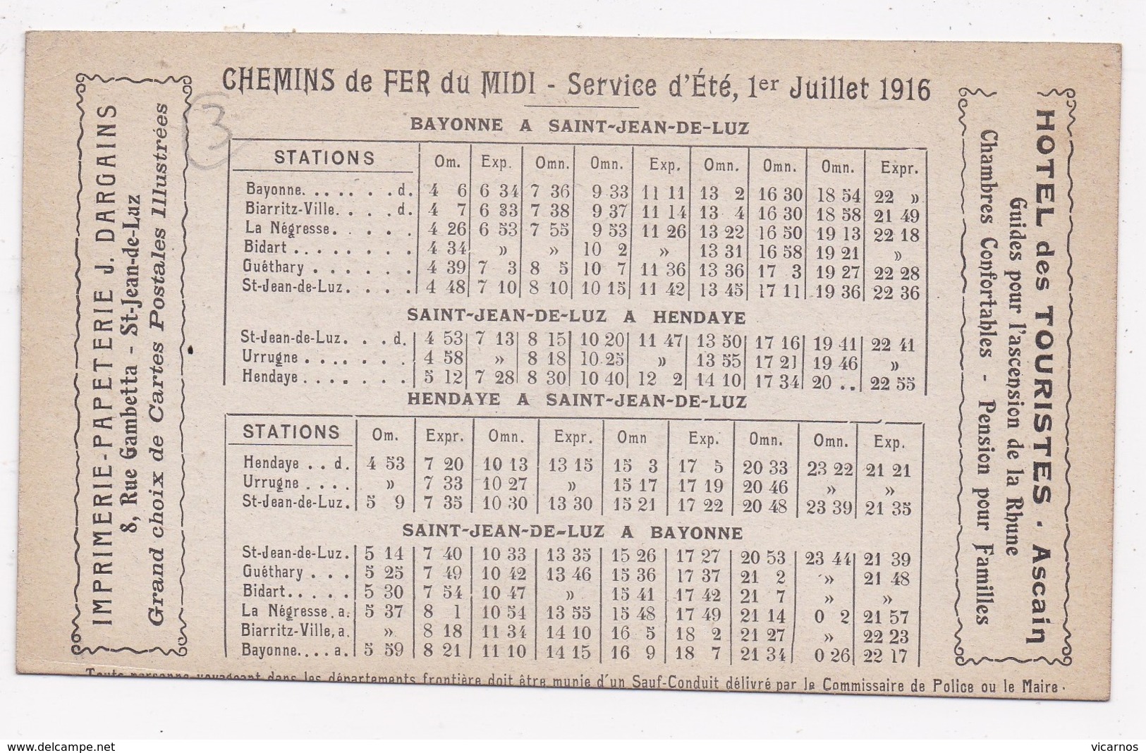 CALENDRIER DES MARAIS 1916 Et Horaires Chemin De Fer De Bayonne à Hendaye - Autres & Non Classés