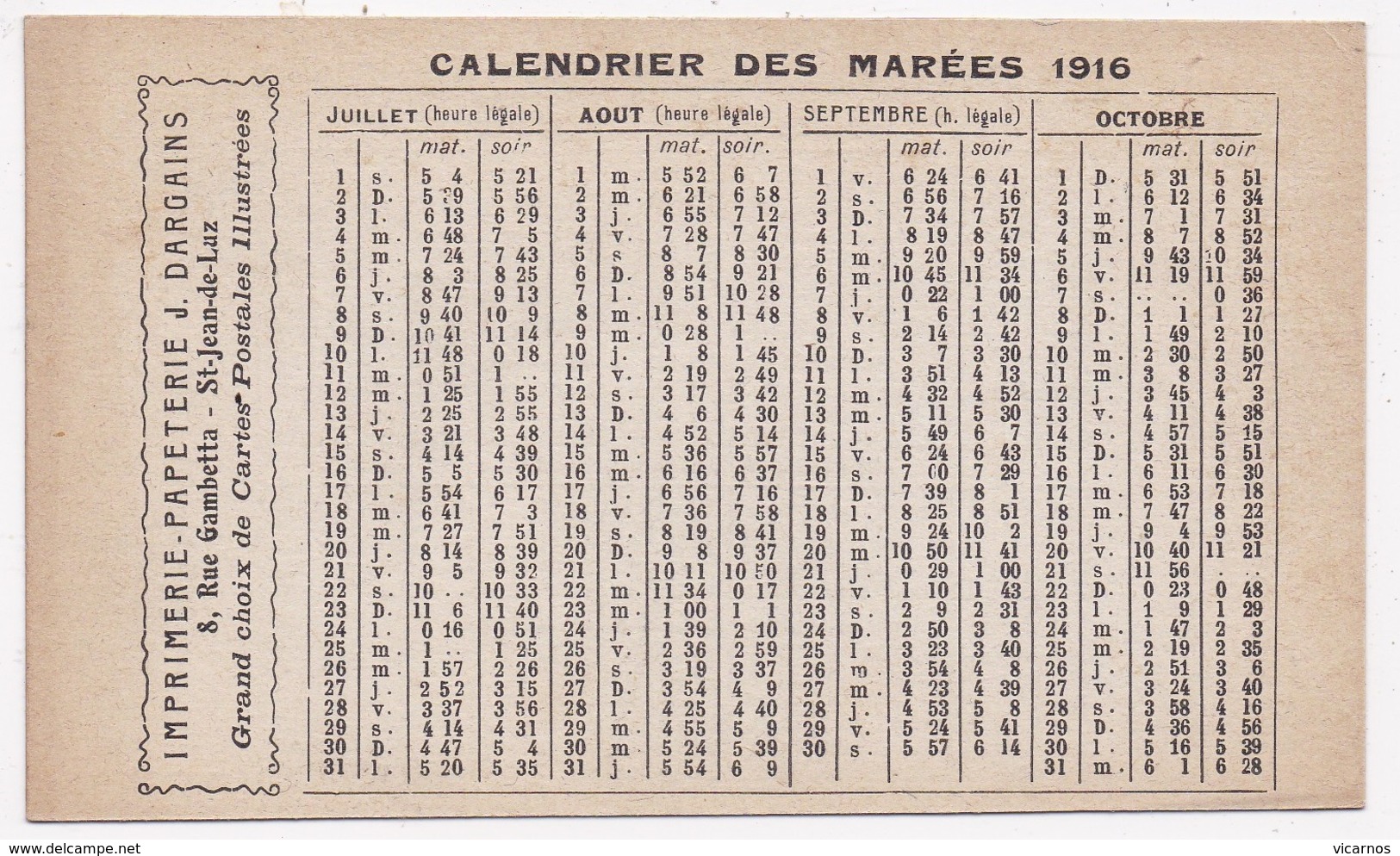 CALENDRIER DES MARAIS 1916 Et Horaires Chemin De Fer De Bayonne à Hendaye - Autres & Non Classés