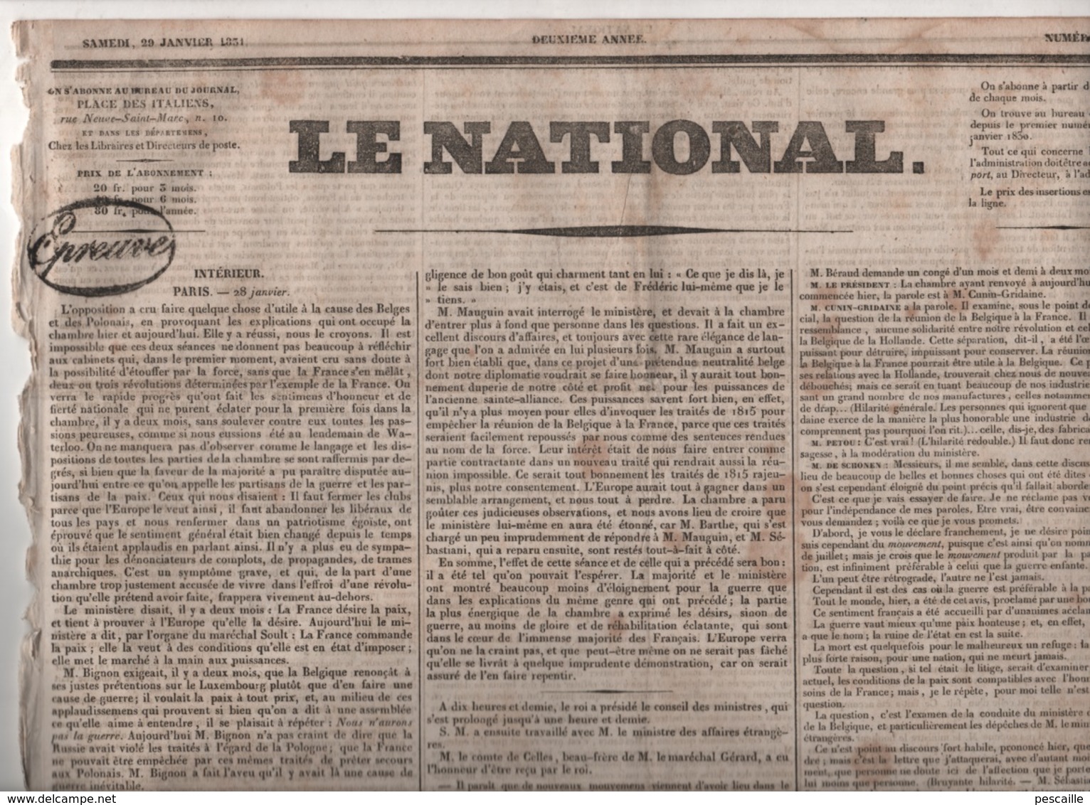 LE NATIONAL 29 1 1831 - PARIS BELGIQUE POLOGNE - REUNION DE LA BELGIQUE A LA FRANCE SEBASTIANI LAFAYETTE SOULT MAUGUIN - 1800 - 1849