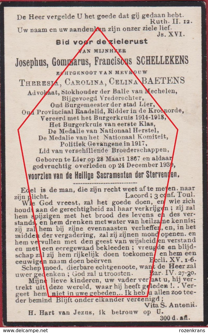 Jozef Schellekens Advocaat Politicus Katholieke Partij Burgemeester Stad Lier Bidprentje Doodsprentje Image Mortuaire - Lier