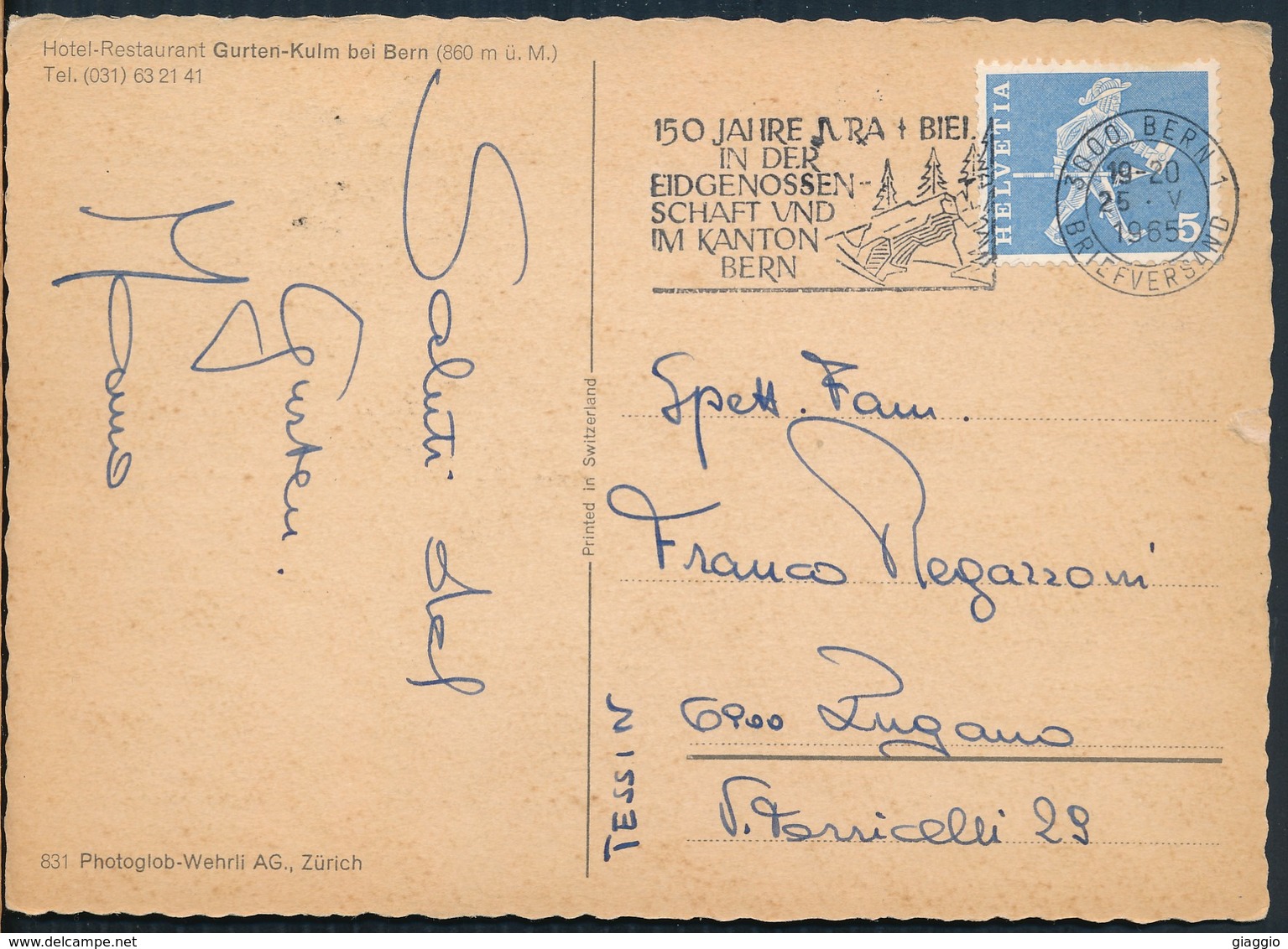 °°° 19409 - SVIZZERA - BE - HOTEL RESTAURANT GURTEN KULM BEI BERN - 1965 With Stamps °°° - Berna