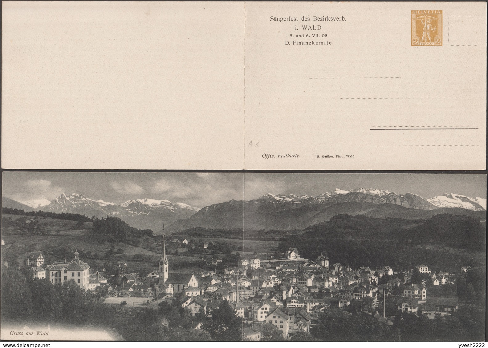 Suisse 1908. Carte Postale, Entier Postal Double. Wald, Zurich. Vue Panoramique De La Commune Et Des Alpes. Musique - Montañas