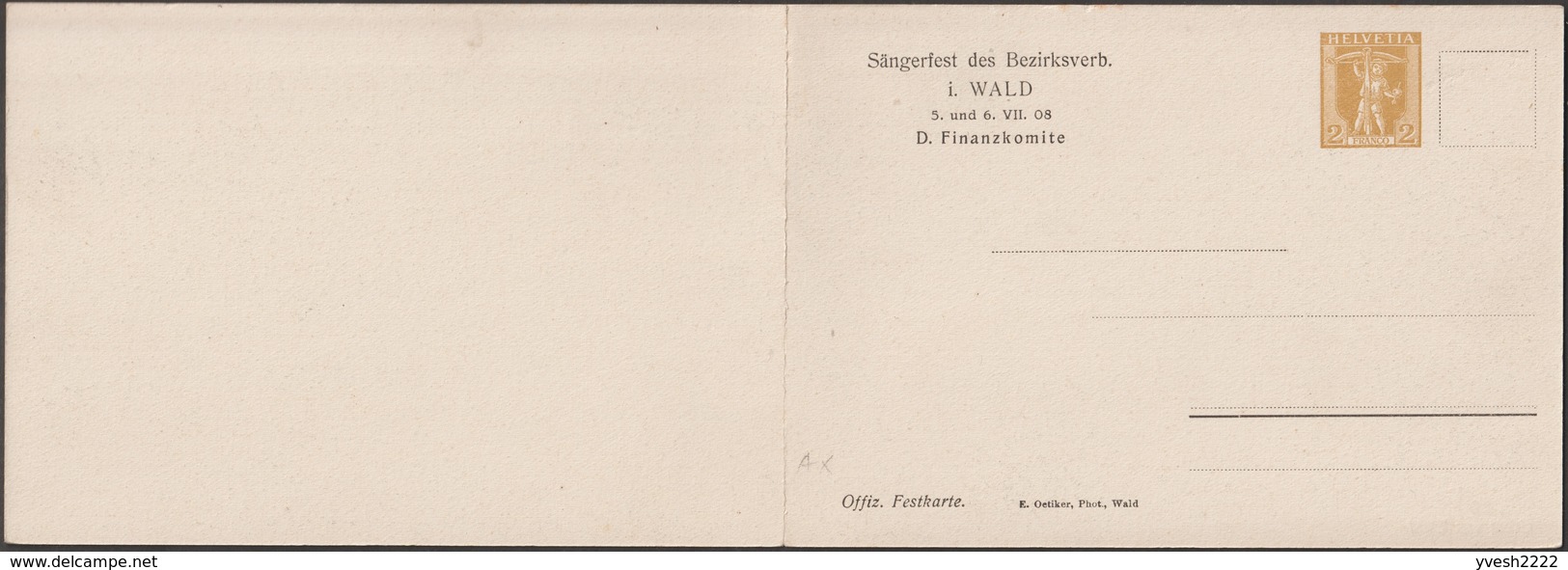 Suisse 1908. Carte Postale, Entier Postal Double. Wald, Zurich. Vue Panoramique De La Commune Et Des Alpes. Musique - Montagnes