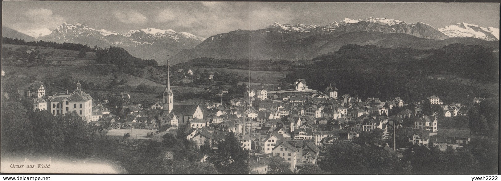 Suisse 1908. Carte Postale, Entier Postal Double. Wald, Zurich. Vue Panoramique De La Commune Et Des Alpes. Musique - Montagnes