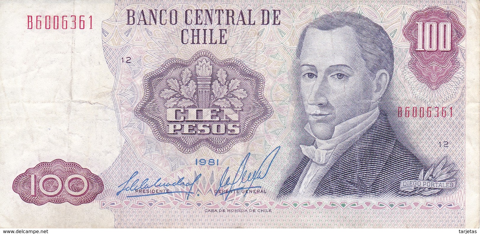 BILLETE DE CHILE DE 100 PESOS DEL AÑO 1981  (BANKNOTE) RARO - Chili