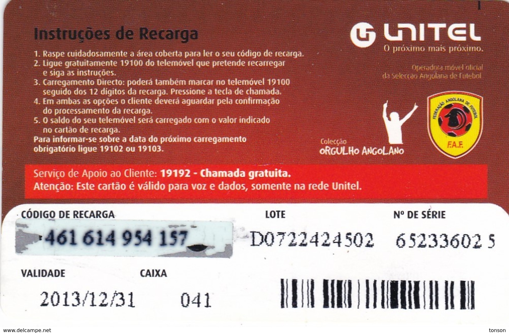 Angola, AO-UNI-REF-?, Unitel 125 UTT, Vitoria, Football, 2 Scans.  Expiry : 2013/12/31 - Angola