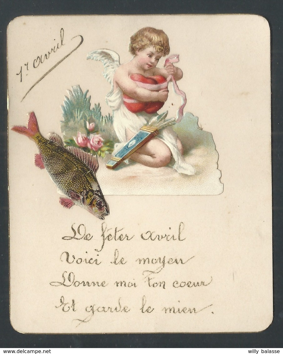 +++ CPA - Petite Carte Fantaisie - 1er AVRIL - Découpis - Poisson - Enfant - Ange - Angelot - Chérubin   // - 1er Avril - Poisson D'avril