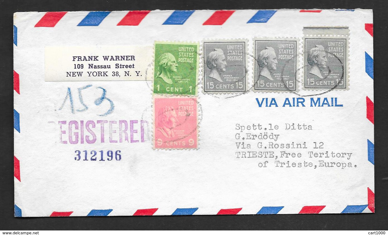 1953 U.S.A. NEW YORK CHURCH STREET STA. TO TRIESTE ITALY REGISTERED MAIL - Briefe U. Dokumente