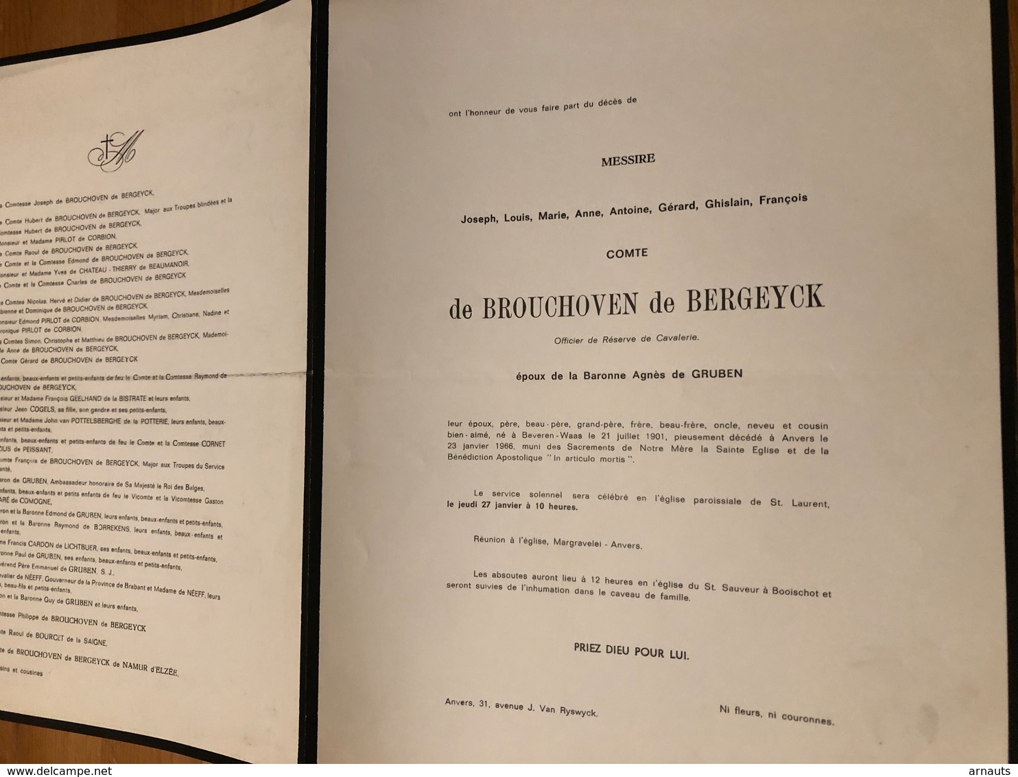 Comte De Brouchoven De Bergeyck époux De Gruben Agnes *1901 Beveren Waas +1966 Anvers Boisschot De.Borrekens De Neeff - Décès