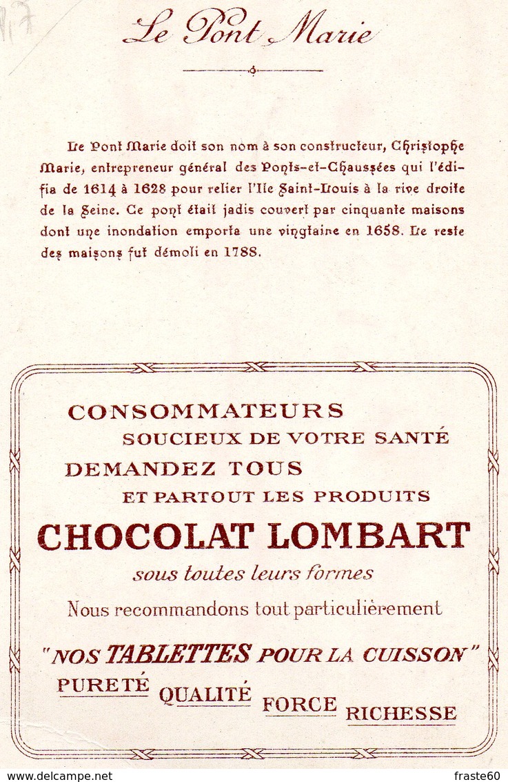 Chromo Chocolat Lombart - Série Des Ponts De Paris " Le Pont Marie " - Lombart