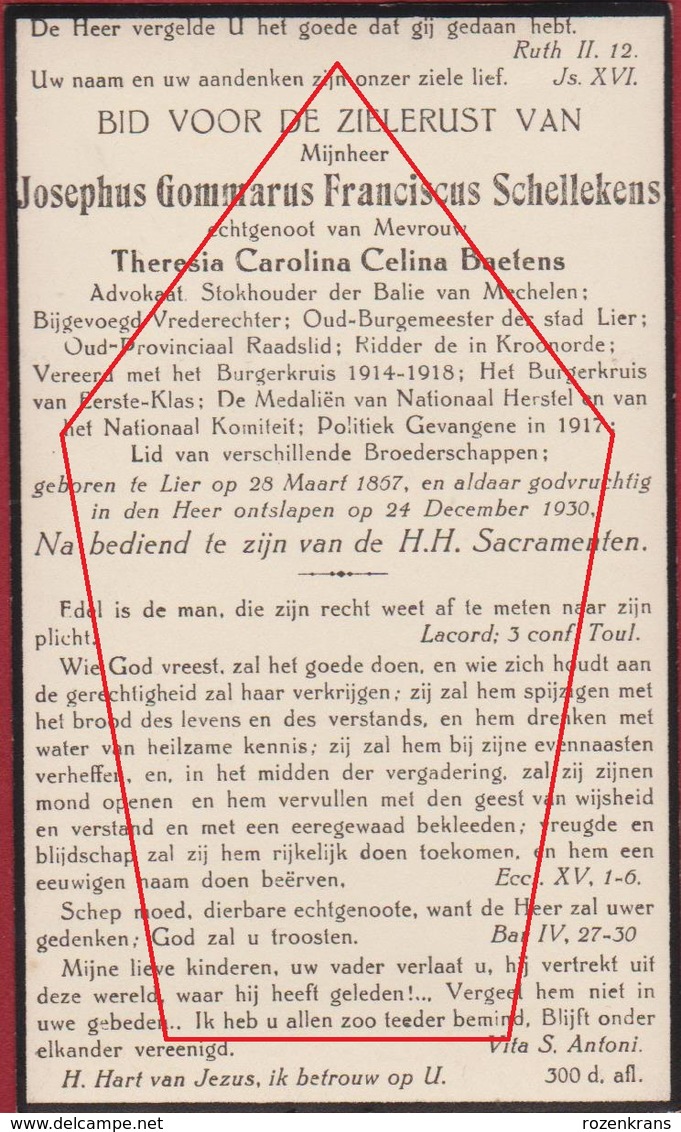 Jozef Schellekens Advocaat Politicus Katholieke Partij Burgemeester Stad Lier Bidprentje Doodsprentje Image Mortuaire - Lier