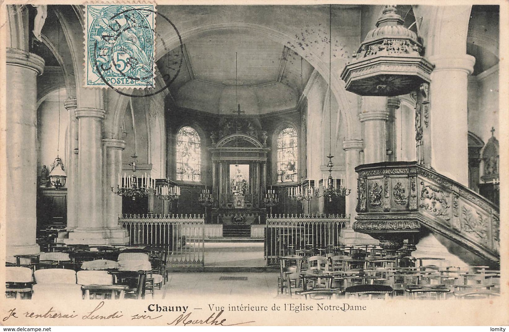 02 Chauny Vue Interieure De L' Eglise Notre Dame Interieur Cpa Cachet 1904 - Chauny