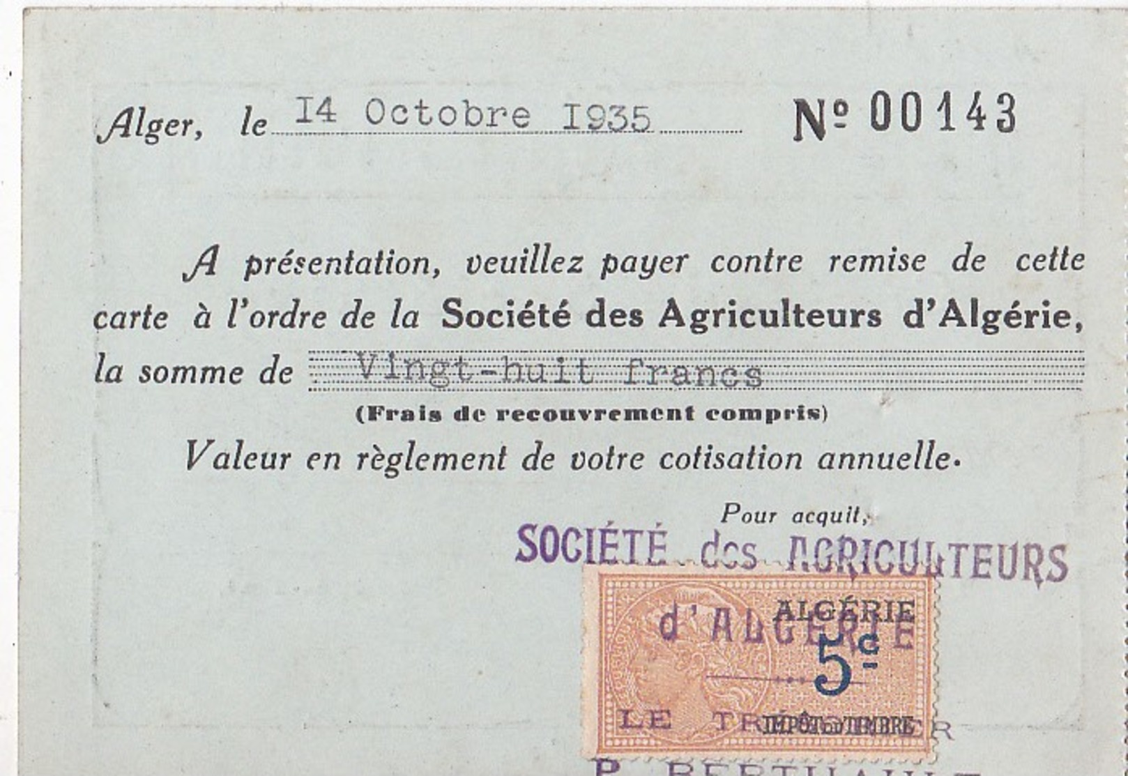 Société Des Agriculteurs D' Algérie Carte De Sociétaire 1935 - Timbre Fiscal Algérie 5 C - RV - - Other & Unclassified