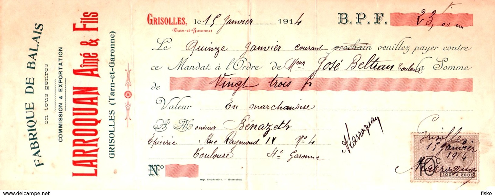 LARROQUAN   Fabrique De Balais   GRISOLLES (Tarn &amp; Garonne)   1914 - Letras De Cambio